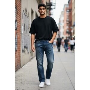 Eddie Domani Jeans Mens 36x32 Dark Wash Straight Leg 5-Pocket Blue Denim hemmed